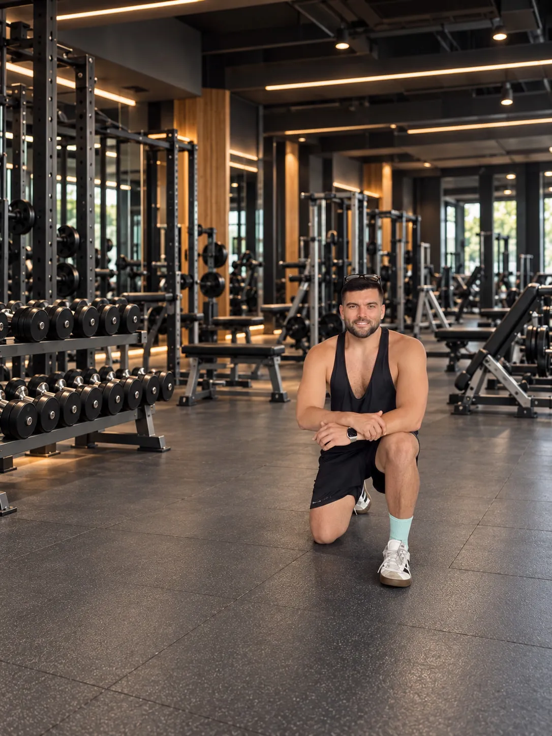 Pablo Gómez in a dimly lit gym with warm wood, wearing a black vest and pale blue socks.