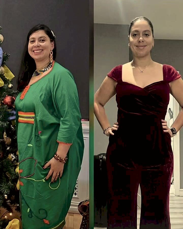 Karina side by side: in December 2024 in a green dress, and in November 2025 in a fitted burgundy outfit.